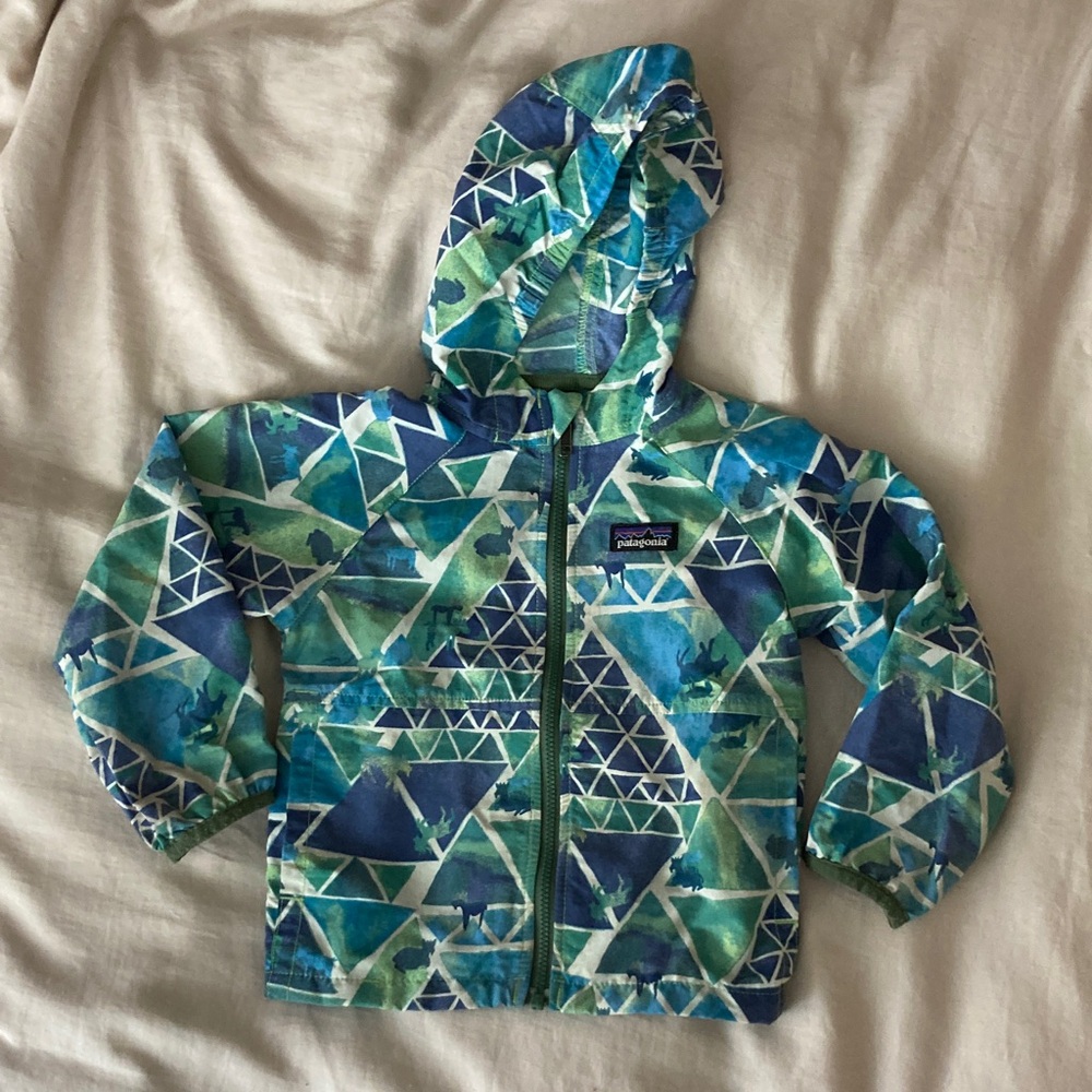 Patagonia Kids' Blue and Green geometric moose design baggies jacket